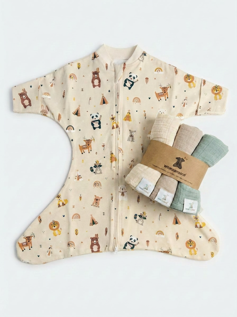 Sparset Wombi Newborn Boho Animals + Musselinspucktücher / Sommerschlafsack
