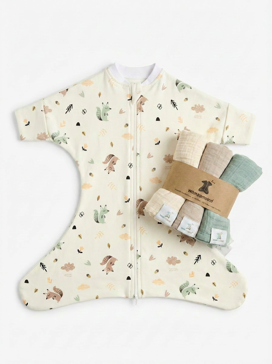 Sparset Wombi Newborn Sleepy Squirrel + Musselinspucktücher / Sommerschlafsack